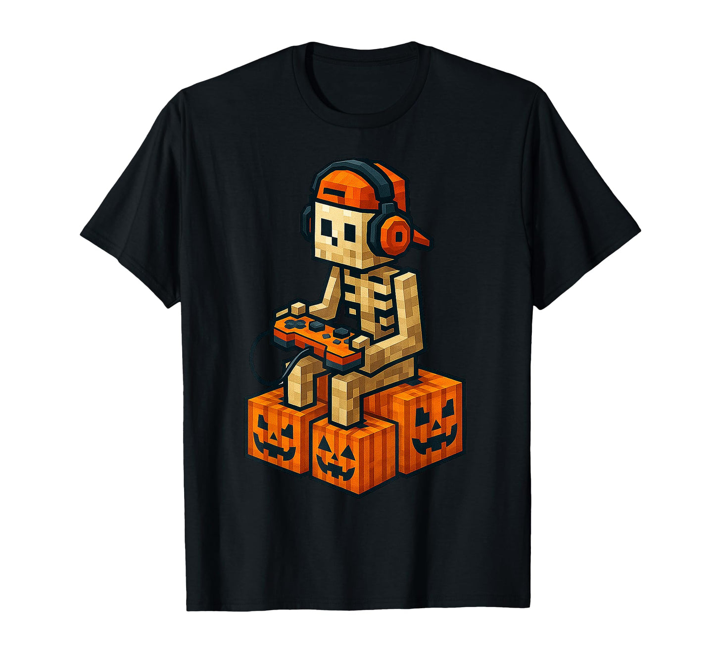 Spooky Skeleton Pumpkin Halloween Video Game Pixel Kids Boy T-Shirt