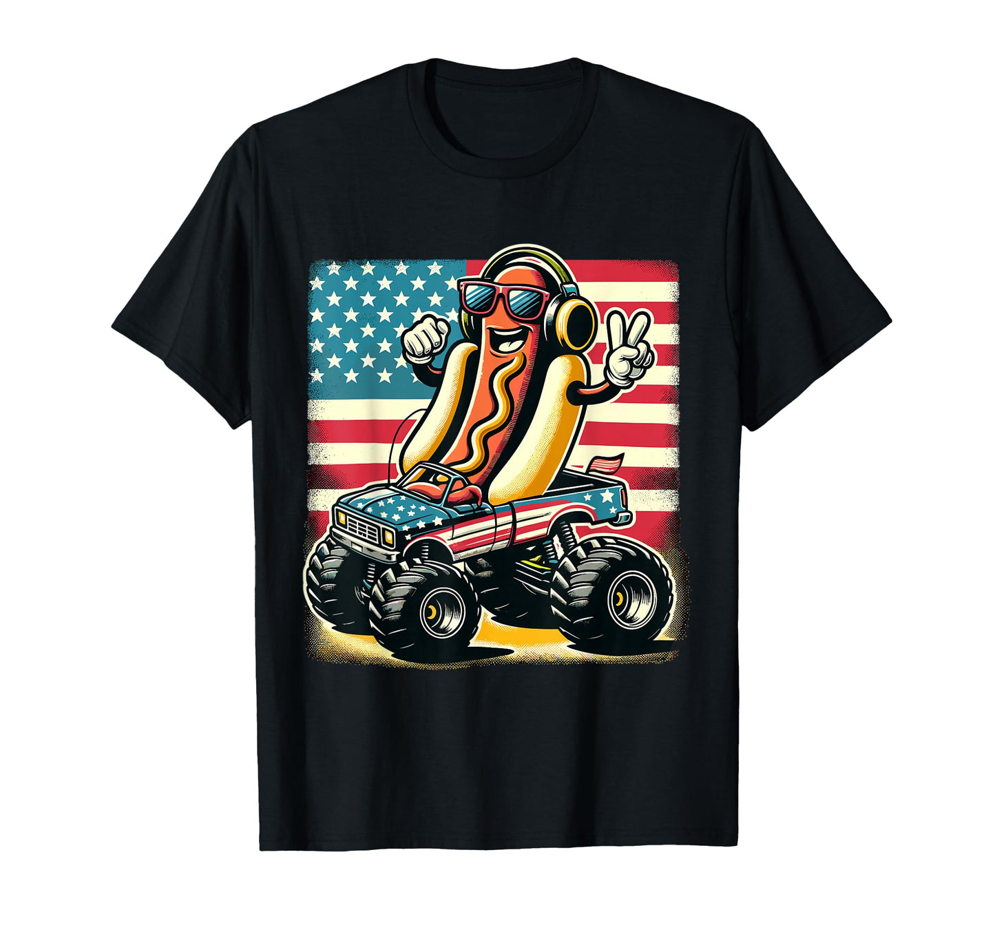 Monster Truck 4th Of July Hotdog Peace Sign American Flag T-Shirt