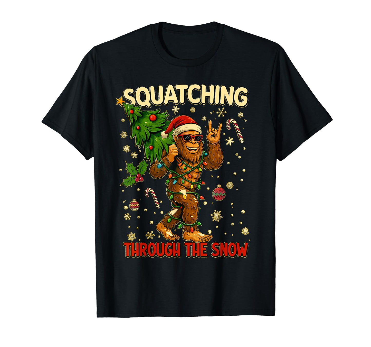 Squatching Through The Snow Funny Bigfoot Xmas Lights Gifts T-Shirt