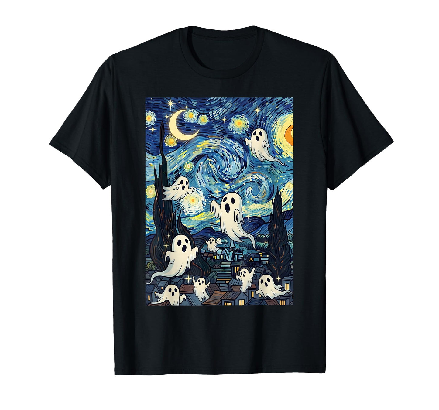 Spooky Ghosts in Starry Night Art Van Gogh Halloween Fun T-Shirt