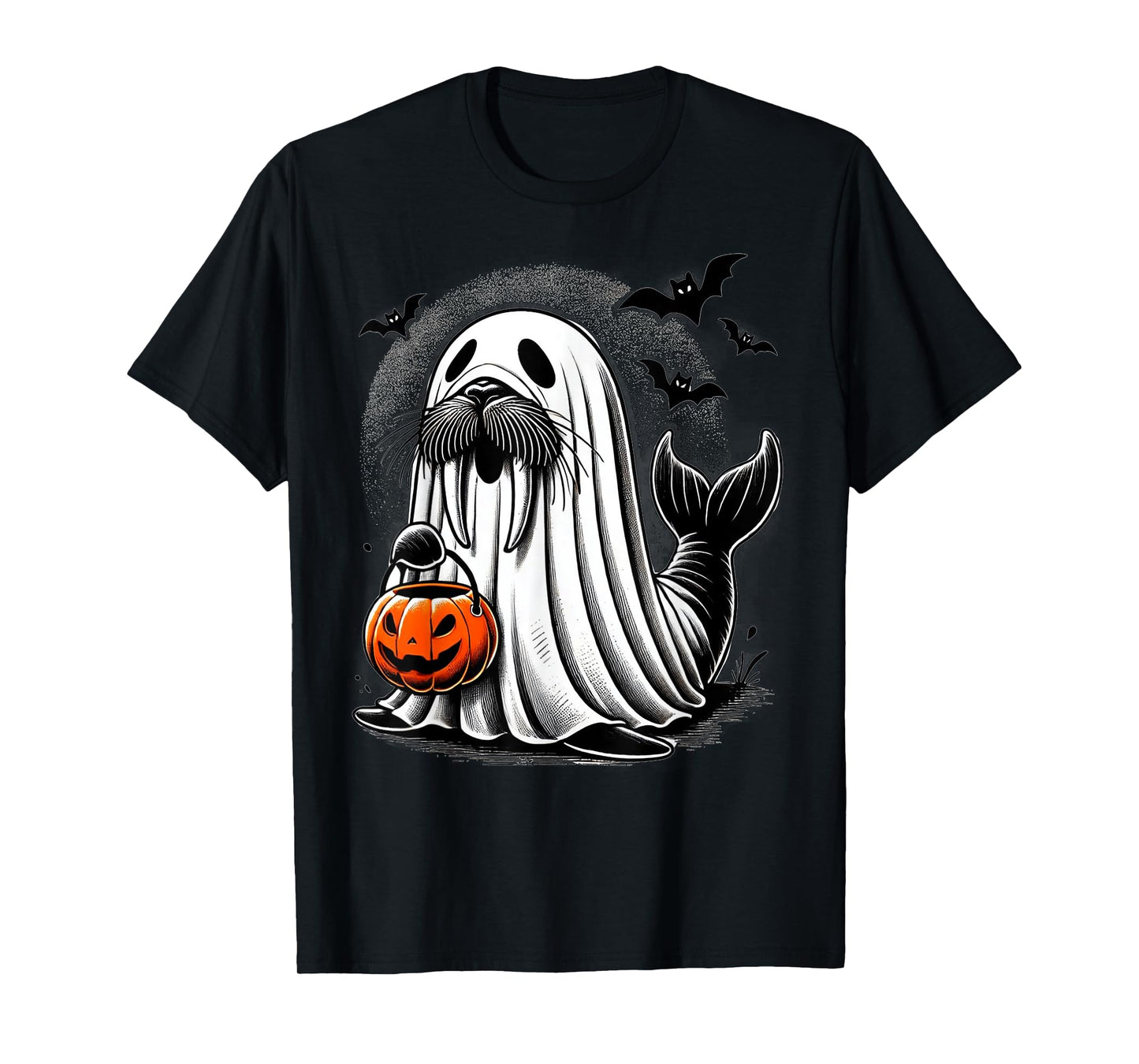 Funny Halloween Seal Ghost Costume Walrus Holding Pumpkin T-Shirt