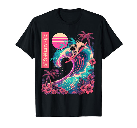 Japanese Pug Surfing Wave Great Wave Japan T-Shirt