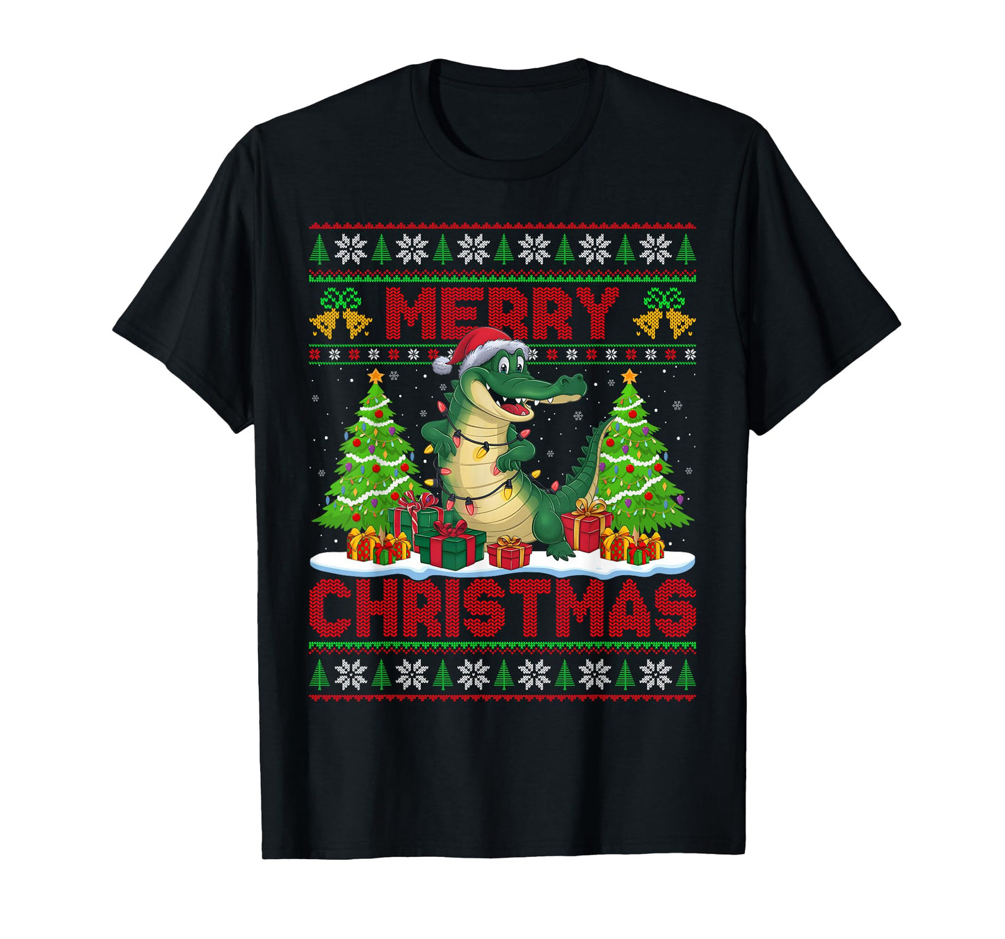 Xmas Tree Ugly Style Santa Hat Alligator Christmas T-Shirt