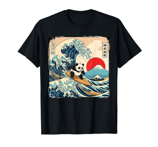 Panda Surfing Japanese Kawaii Anime Great Wave Japan Surfing T-Shirt