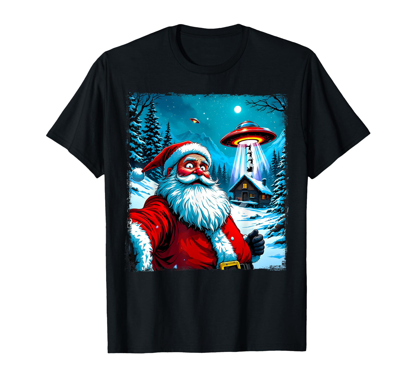 Santa Claus Alien Abduction Christmas UFO Encounter Cartoon T-Shirt