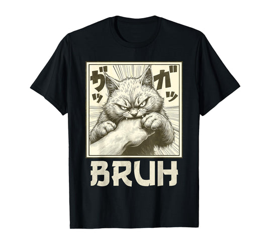 Funny Bruh Cat Bite Graphic Tee Japanese Anime Cat T-Shirt
