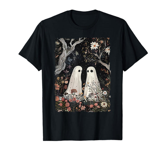 Ghost In The Flower Forest Halloween Spooky Season Vintage T-Shirt