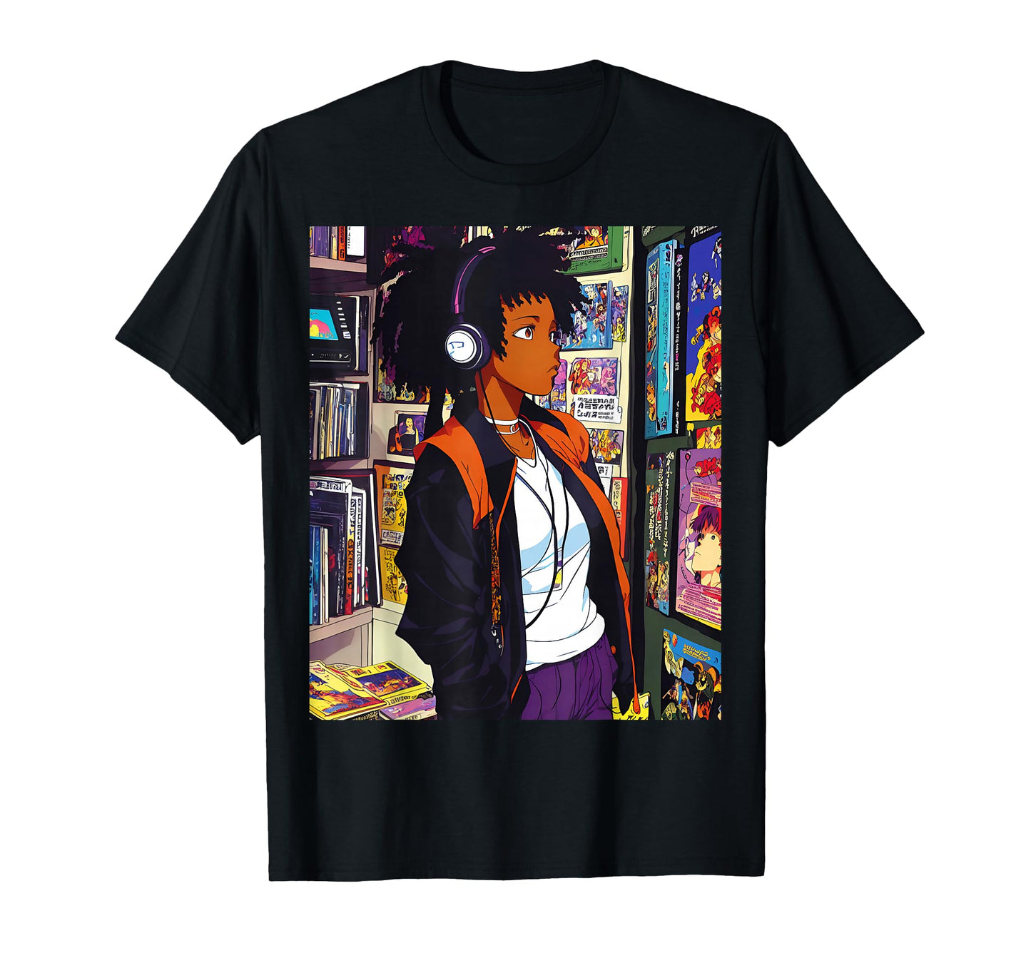 Anime Black Girl Lofi Music 90s Retro Afro Cartoon T-Shirt