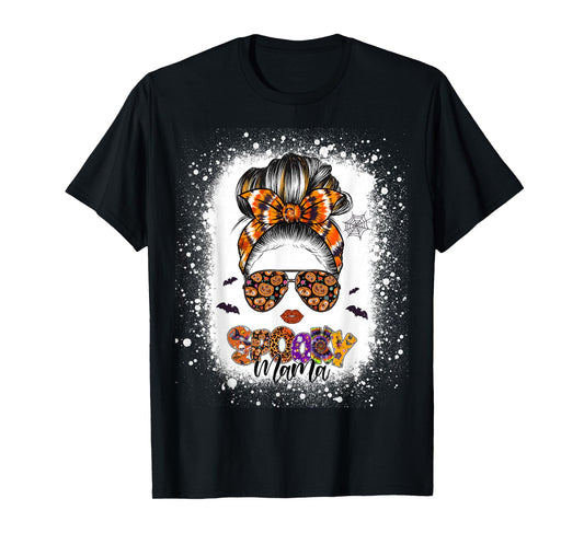 Spooky Mama Halloween Monster Messy Bun Skull Mom Bleached T-Shirt