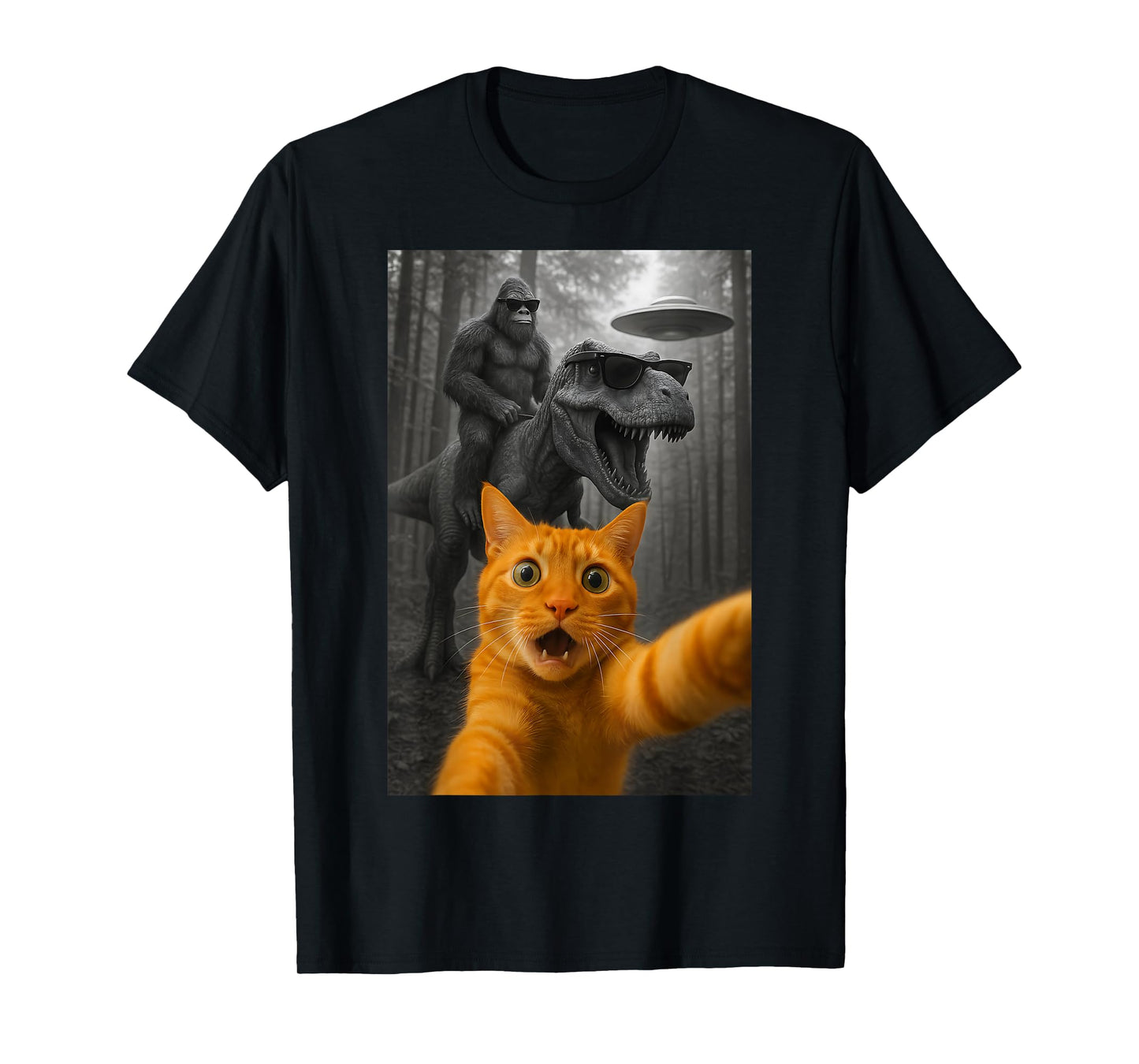 Cat Selfie with Dinosaur Bigfoot UFO Funny Graphic T-Shirt