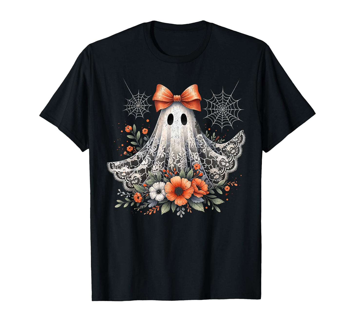 Cute Floral Lace Ghost Boujee Coquette Bow Spooky Halloween T-Shirt