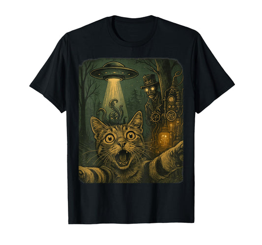 Cat Selfie UFO Steampunk Time Traveler Retro SciFi Victorian T-Shirt