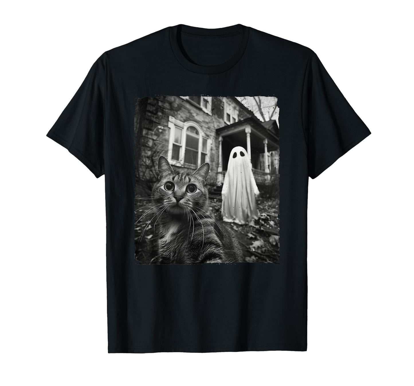 Funny Cat Selfie Ghost Halloween House Photo Haunted Spooky T-Shirt for Men Women Kids