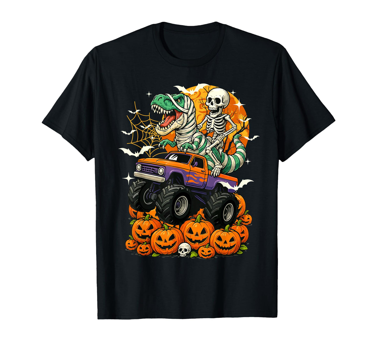 Kids Skeleton Trex Monster Truck Halloween Pumpkin Toddler T-Shirt
