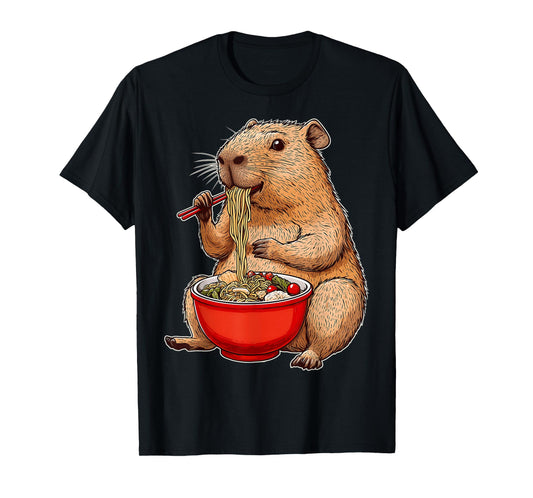 Capybara Capibara Ramen Japanese Noodles T-Shirt - Unisex-Adult, Black, Small, Short Sleeve, T-Shirt, Cartoon People Graphic, Gift Ideas
