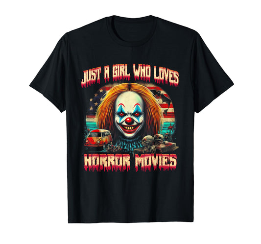Vintage Just Girl Who Loves Horror Movies Clown Halloween T-Shirt