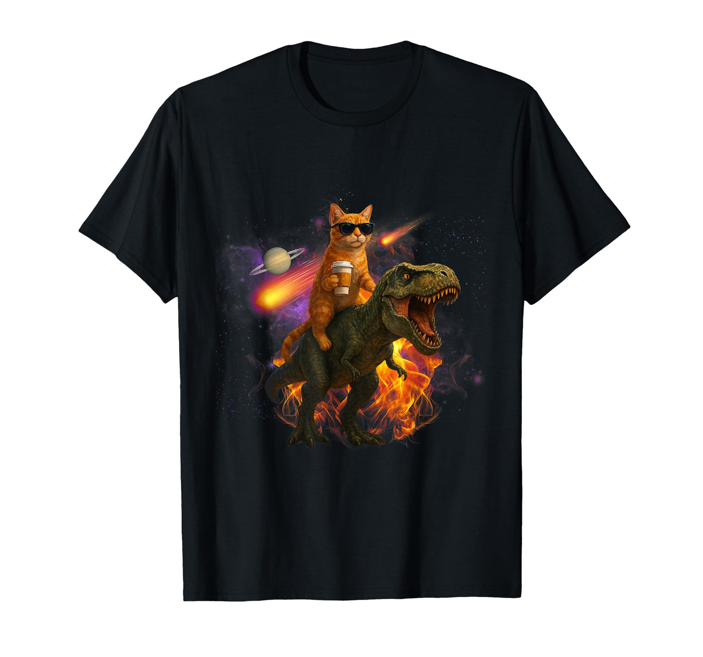 Cosmic Coffee Cat, Funny Stargazing Feline with T-Rex & UFO T-Shirt