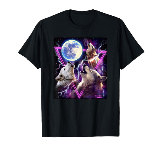 Epic Three Wolves Howling at the Moon 80's Poster style Wolf T-Shirt