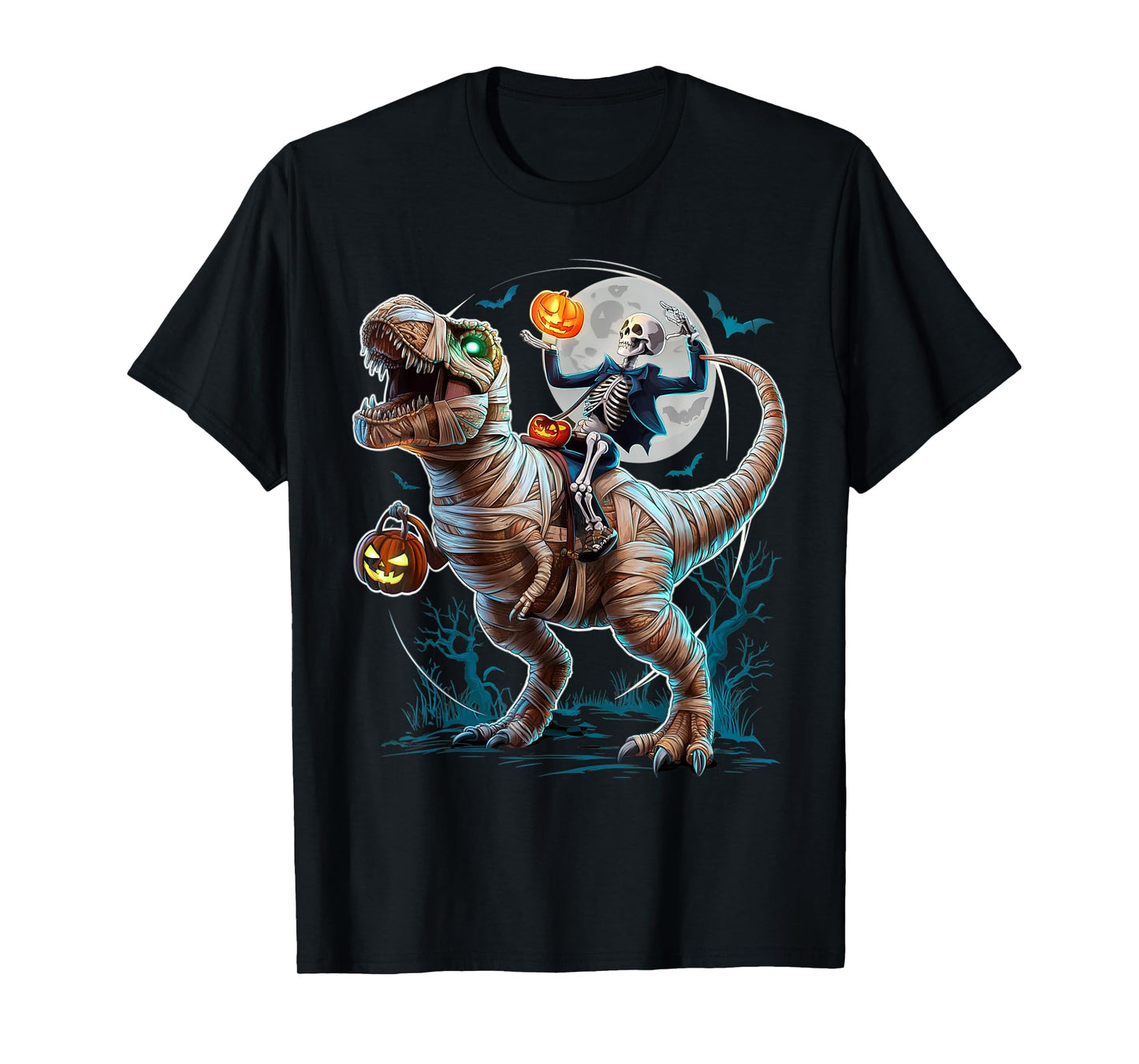 Skeleton Riding Mummy Pumpkin T Rex Dinosaur Funny Halloween T-Shirt