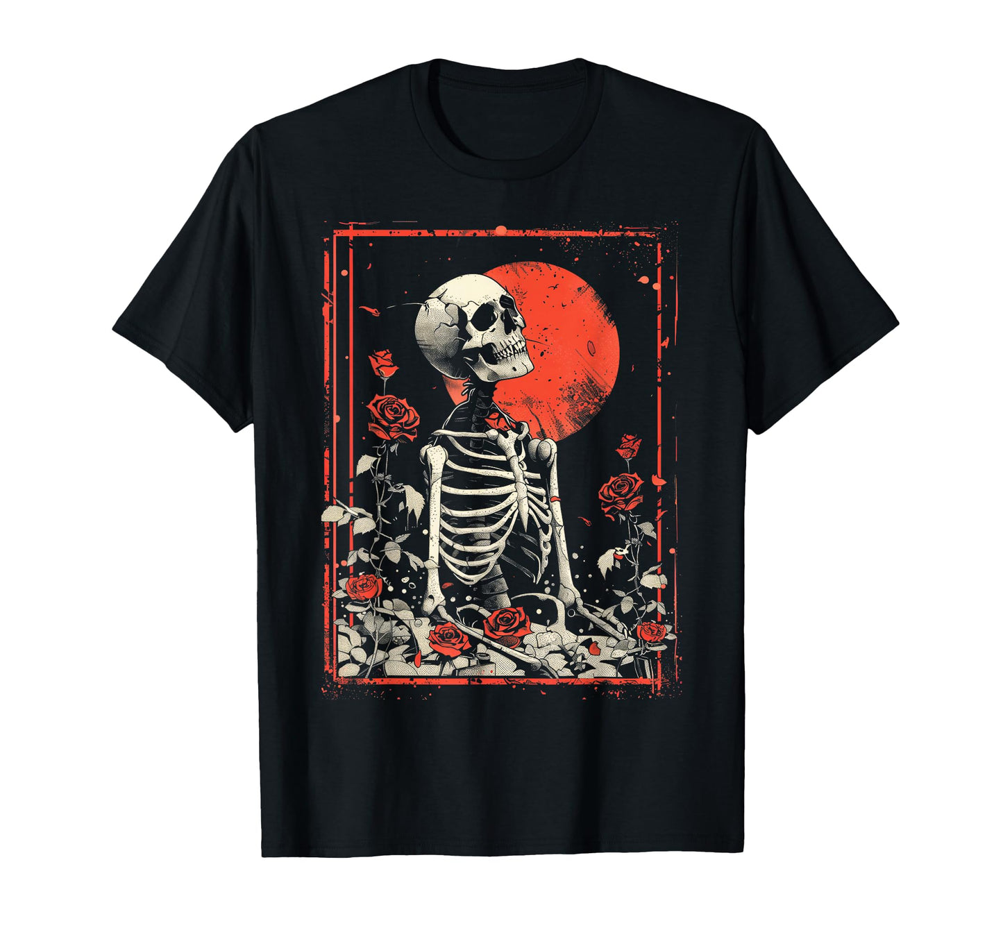 Anime Japanese Goth Cyberpunk City Skeleton Roses Flower T-Shirt