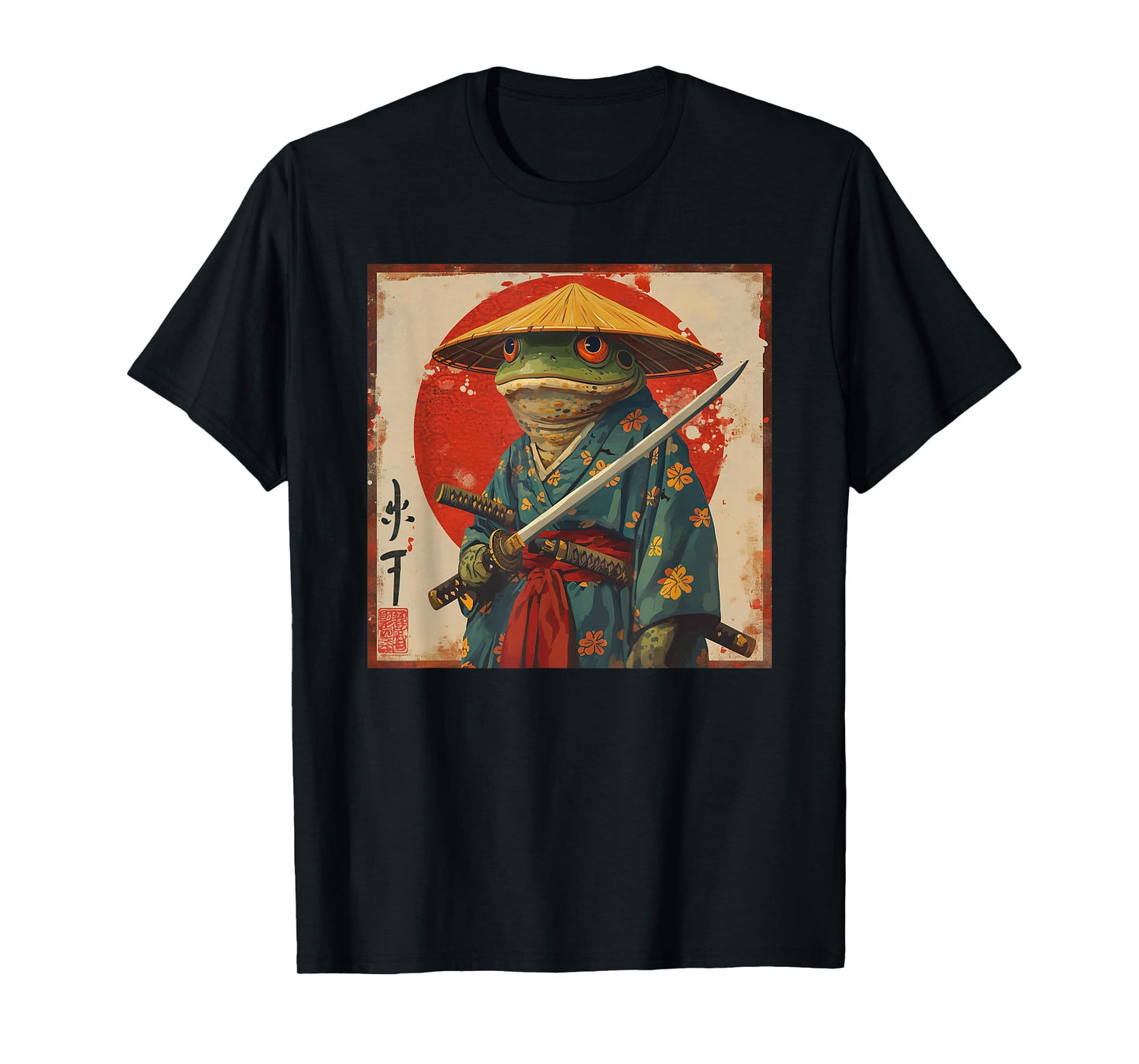 Japanese Woodblock Art: Samurai Frog Japanese Kanji T-Shirt