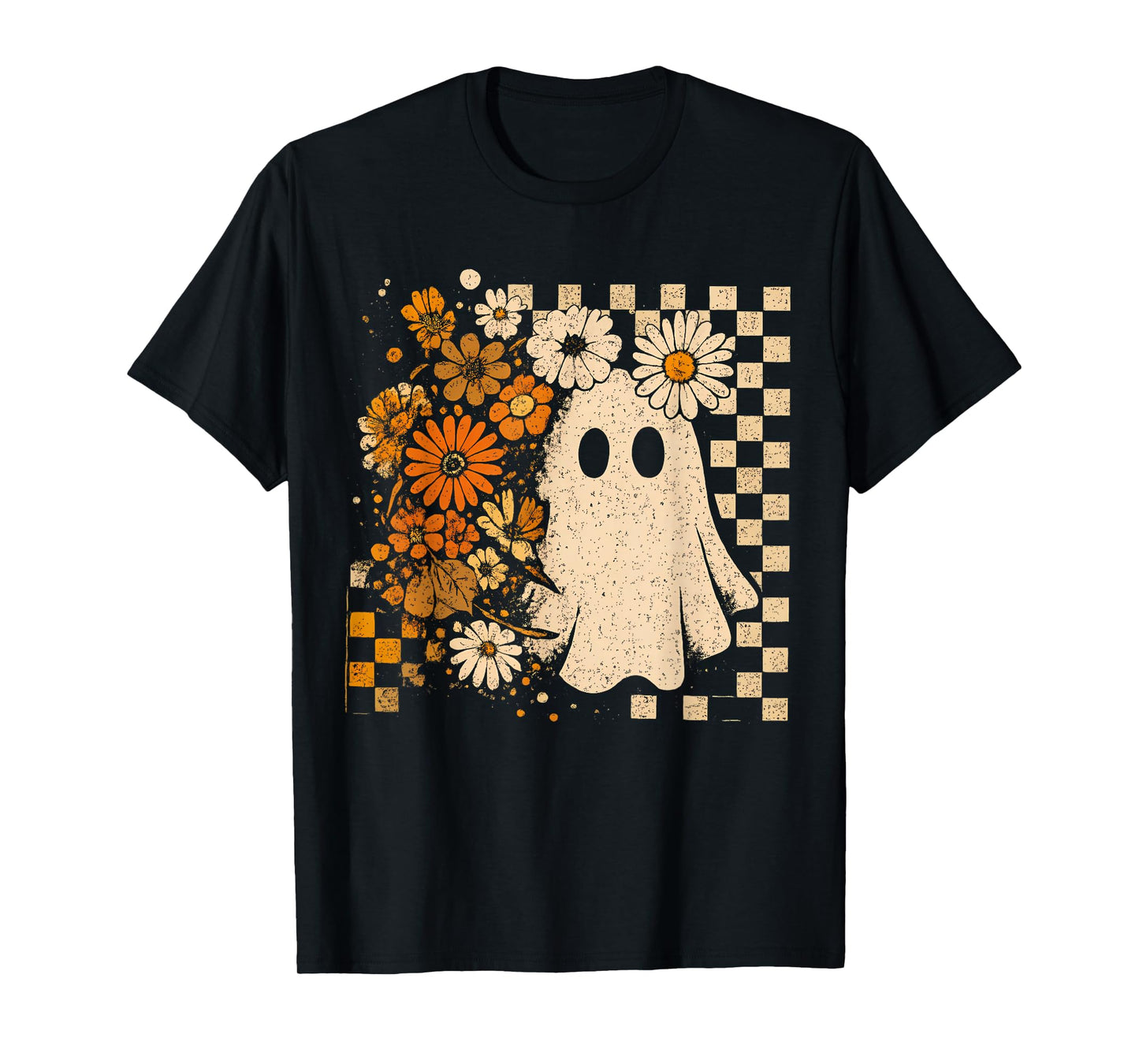 Retro Floral Ghost Checkered Autumn Halloween Women Kids T-Shirt