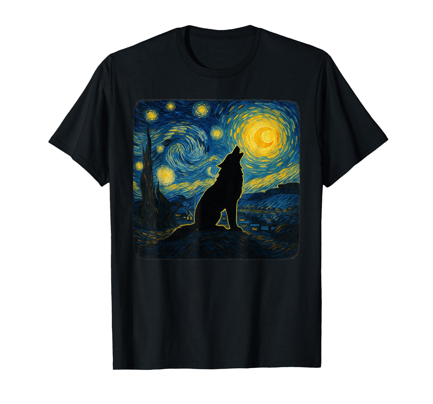 Starry Night Van Gogh Wolf Howling Moon Funny Graphic T-Shirt