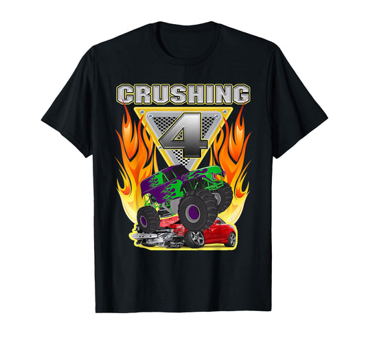 Monster Truck Crushing being 4 four Years Old 4th Birthday T-Shirt