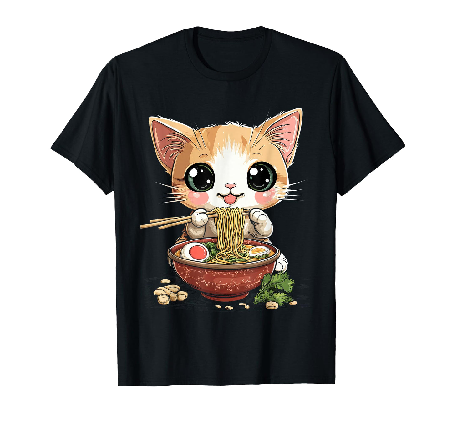 cute cat eating ramen noodles anime kawaii T-Shirt