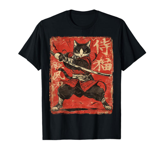 Samurai Cat Japanese Vintage Red Graphic Ukiyo-e Art Funny T-Shirt