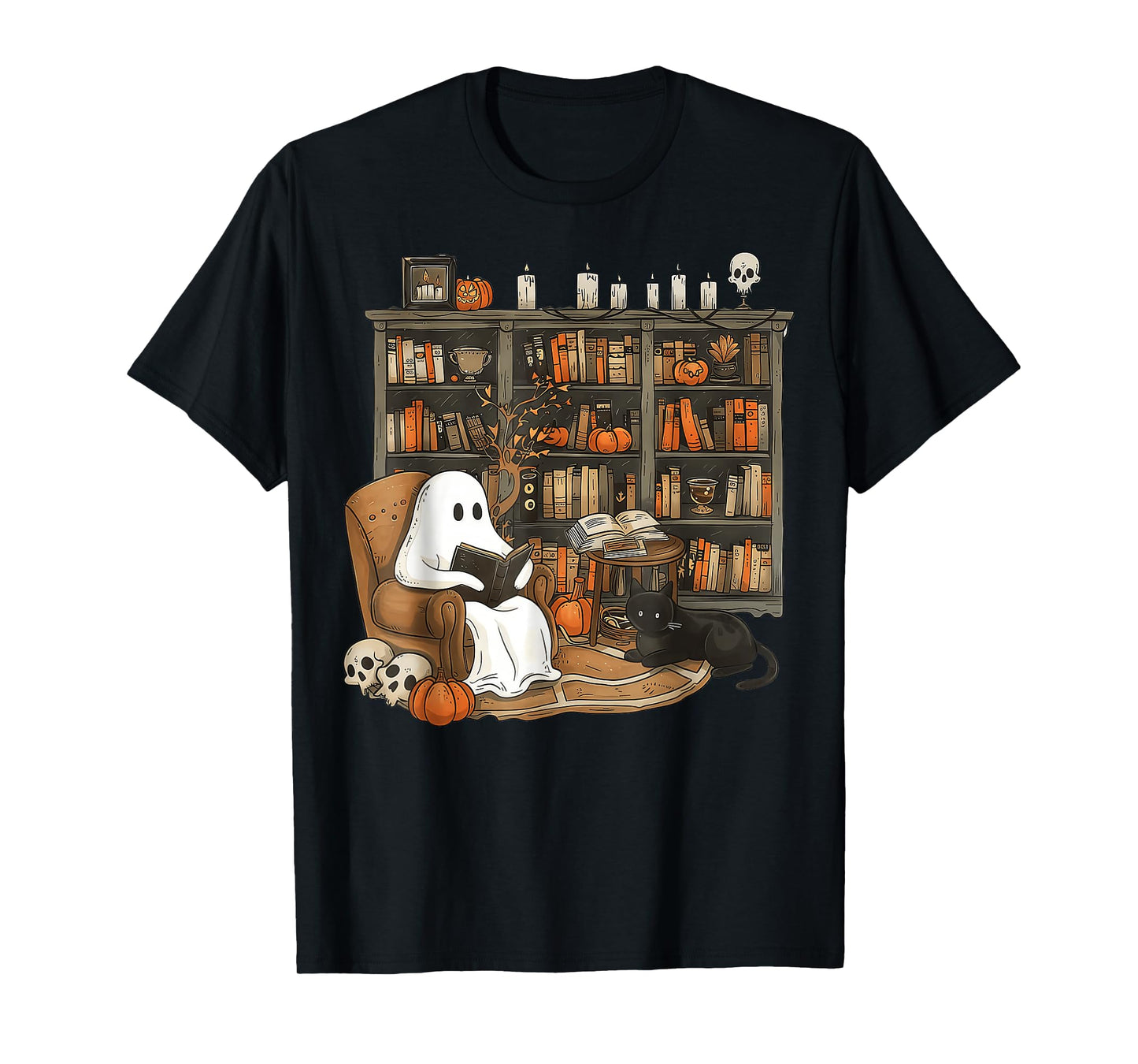 Retro Ghost Reading Books cat, Librarian Ghost Halloween T-Shirt