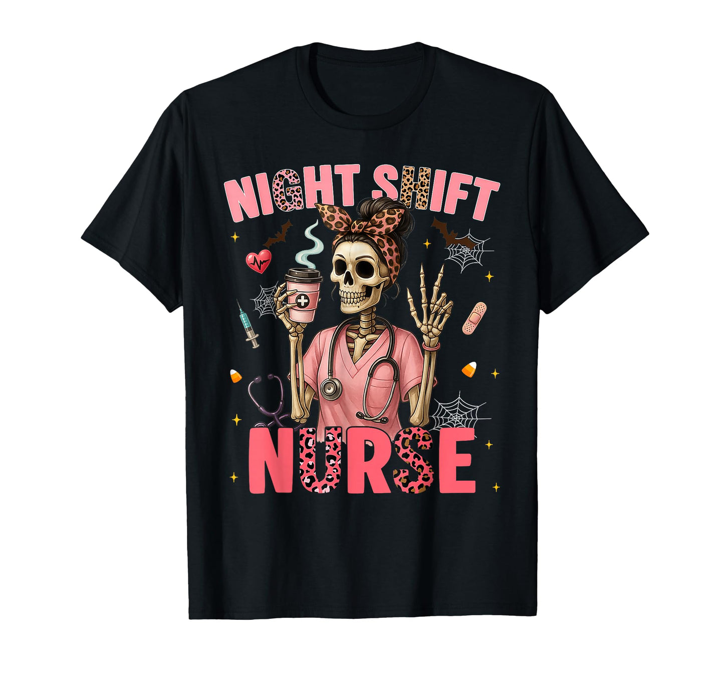 RN ICU Night Shift Nurse Skeleton Halloween Costumes Womens T-Shirt