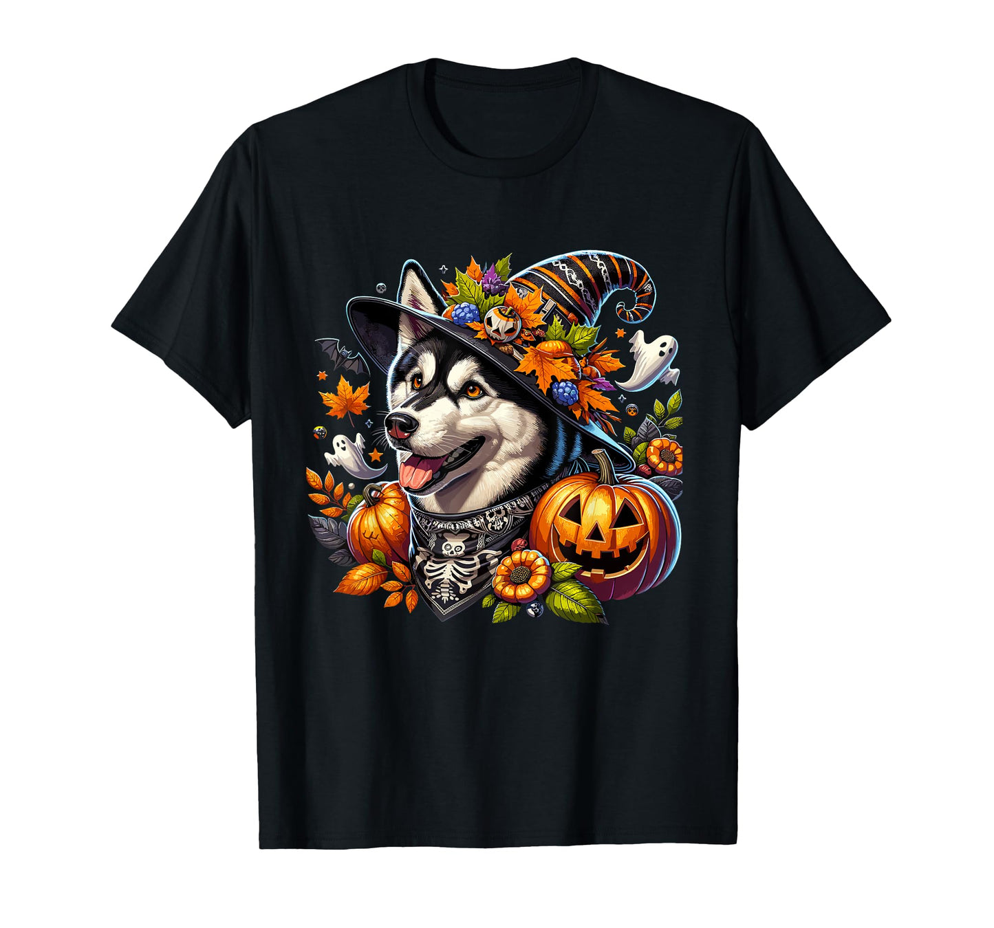 Halloween Siberian Husky Fall Leaves Autumn Pumpkin Ghost T-Shirt