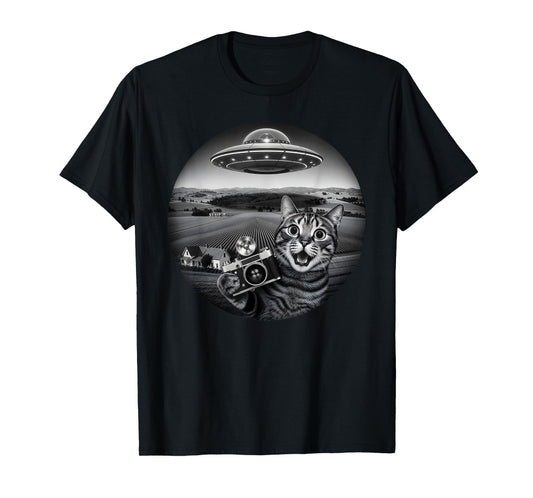 Funny Cat Selfie with Alien UFO for Men Women Kids T-Shirt