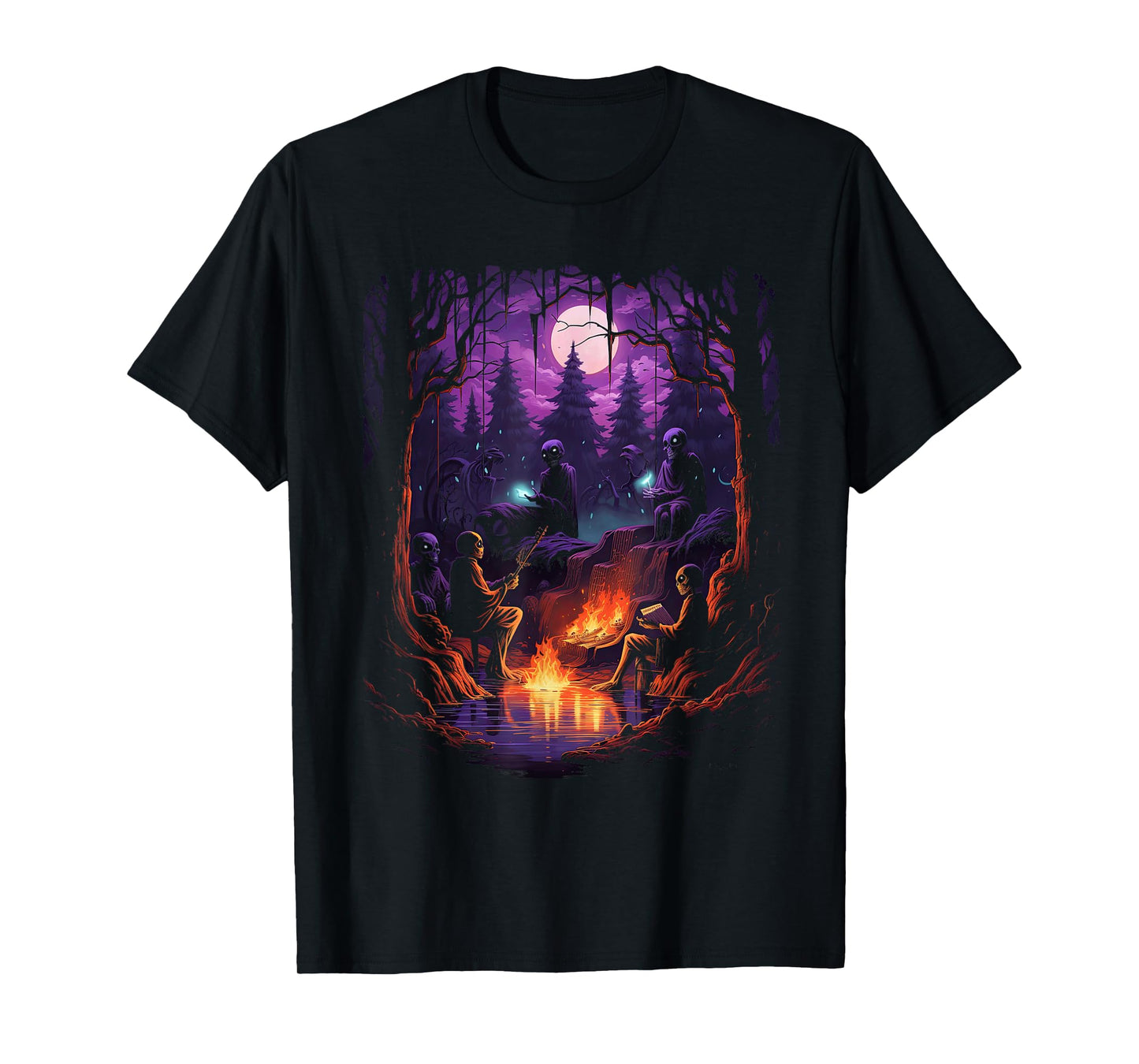 Vintage Ghost and Skeleton by Fire Camping Gothic Halloween T-Shirt
