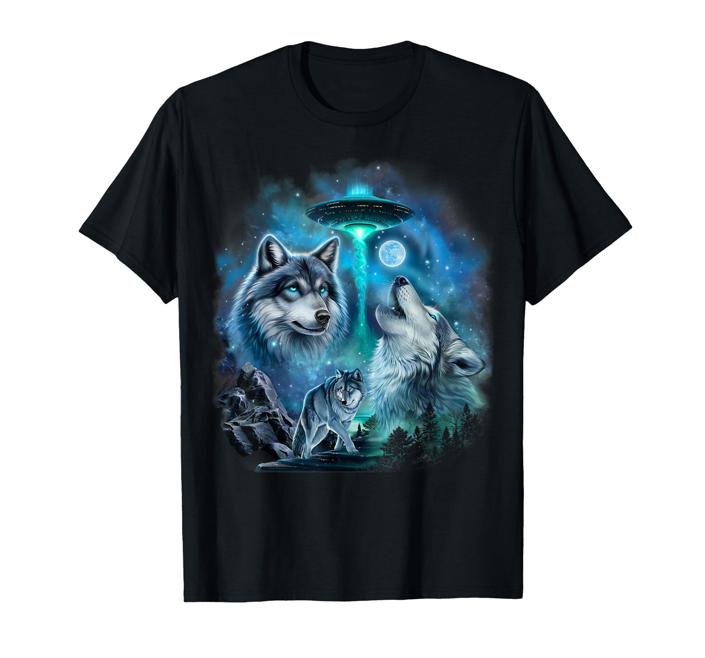 Alien Wolf Howling Moon UFO Galaxy Forest Night Art T-Shirt