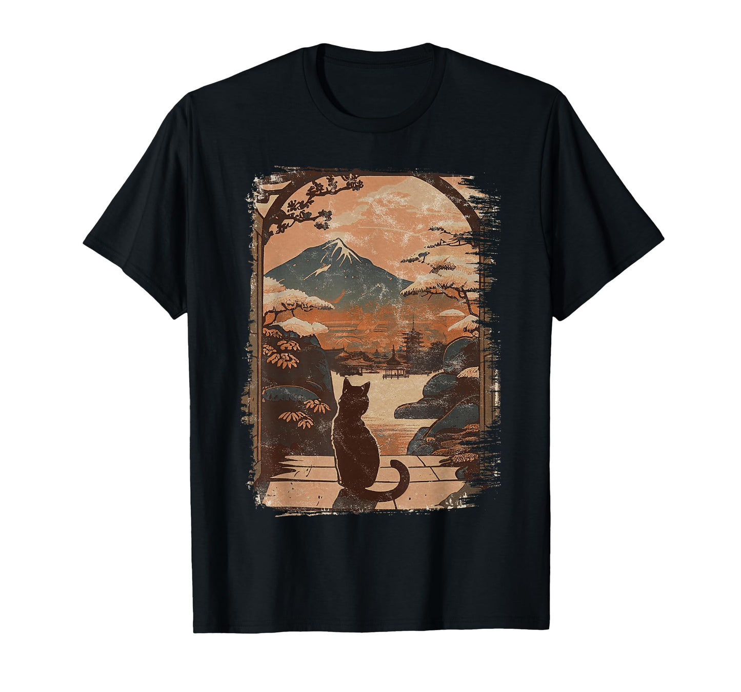 Japanese Cat with Landscape and Mountain T-Shirt