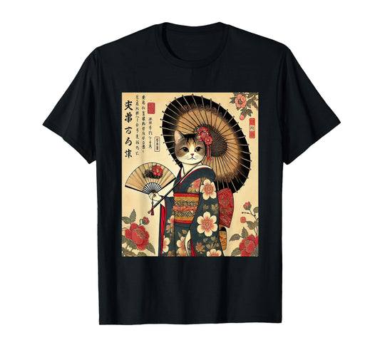 Funny Cat Geisha Japanese Anime Cute Cat Art T-Shirt