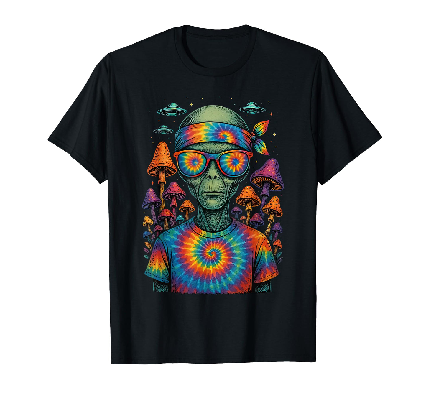 Cool Tie Dye Alien Hippie Retro Mushrooms UFO Rave T-Shirt