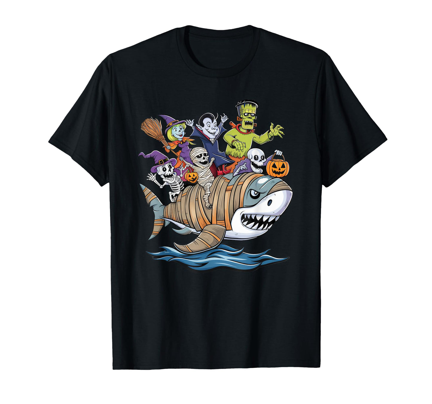 Skeleton Zombie Riding Mummy Shark Funny Halloween Pumpkin T-Shirt
