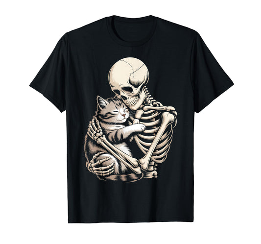 Skeleton Hugging Cat Halloween Cat Lover Cat Mom Dad T-Shirt