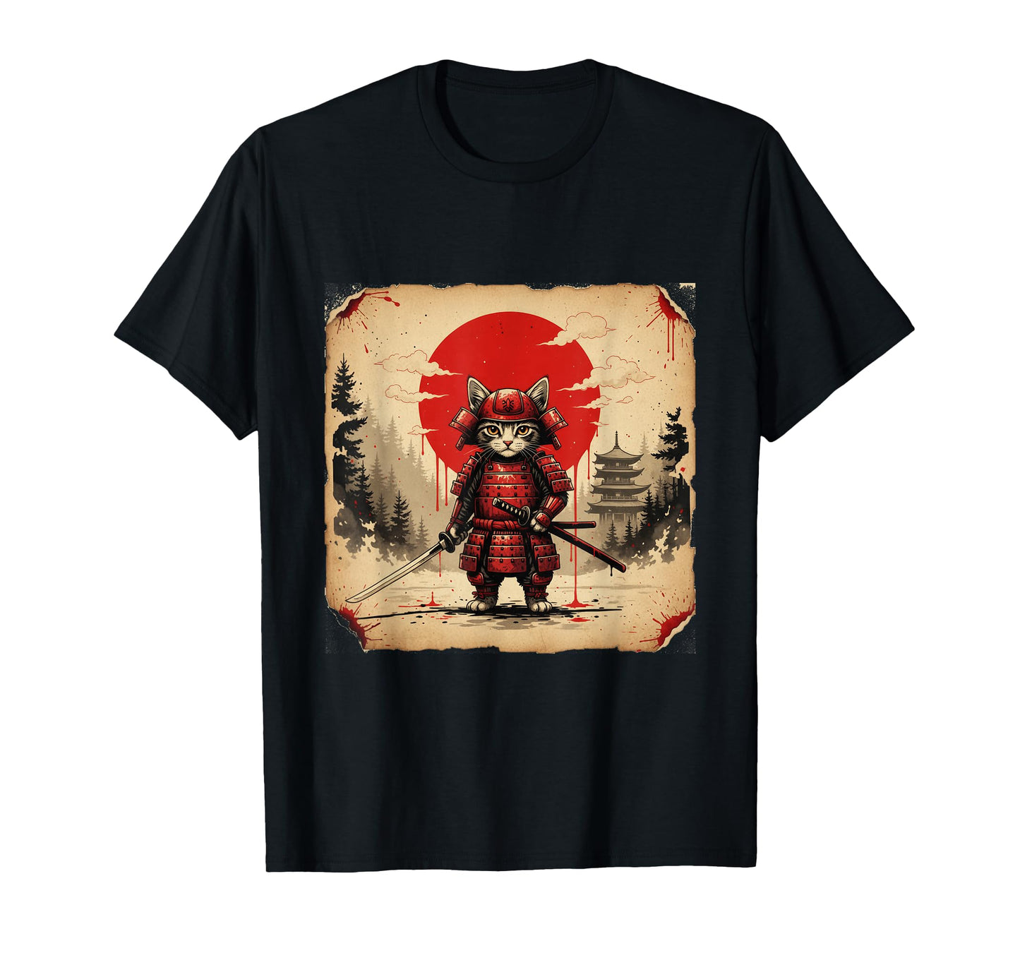 Samurai Cat Warrior Japanese Parody Anime Art T-Shirt