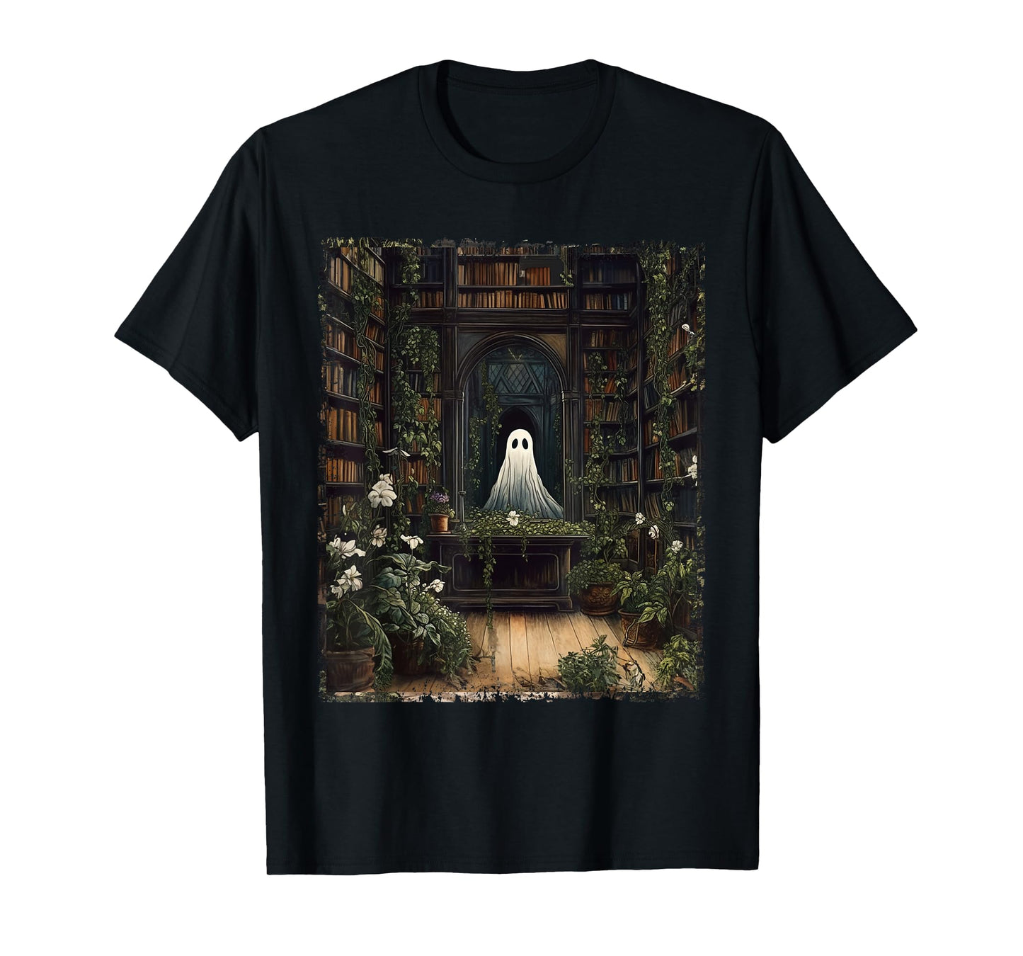 Vintage Halloween Spooky Ghost In The Library Gothic T-Shirt