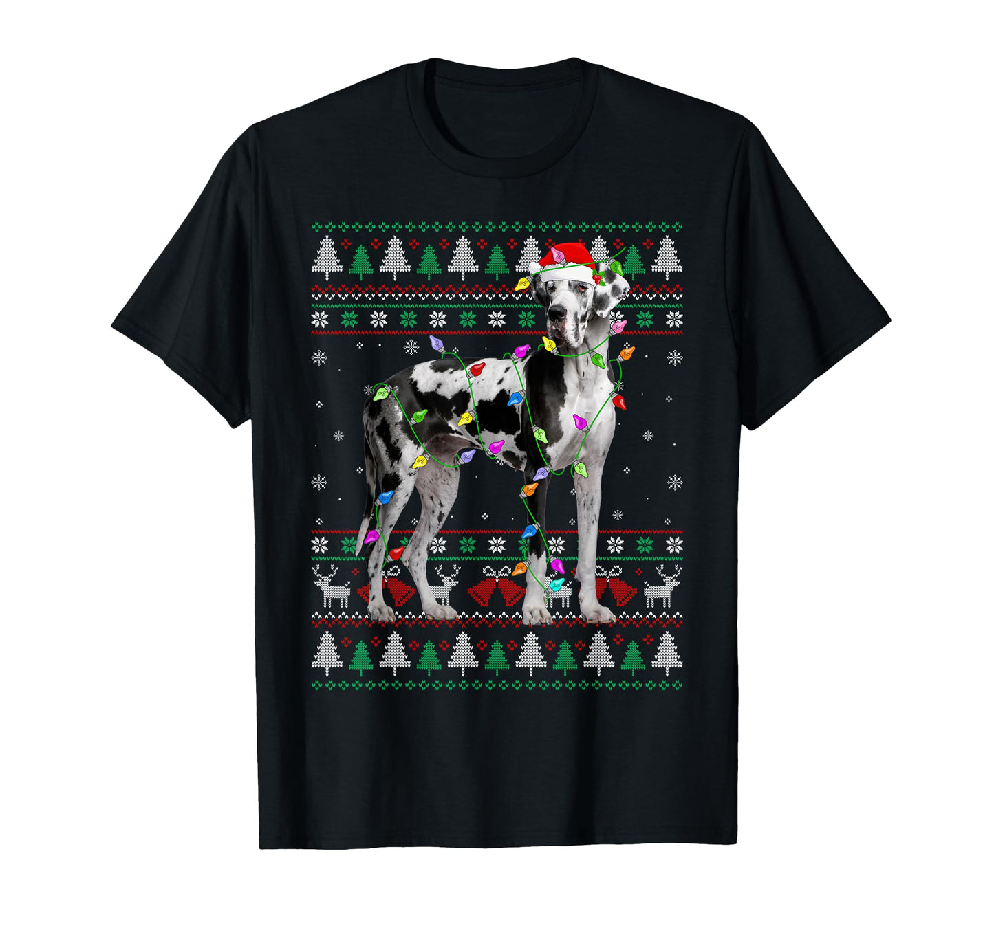 Great Dane Harlequin Dog Christmas Ugly Sweater Lights Xmas T-Shirt