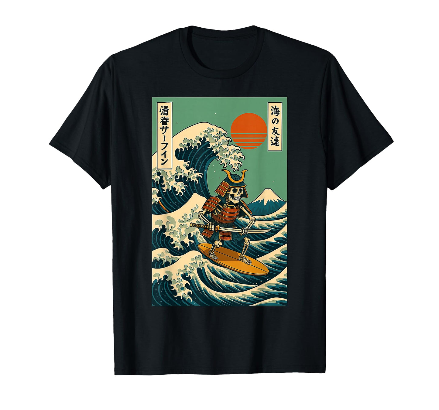 Skeleton Samurai Surfing Japanese Wave T-Shirt
