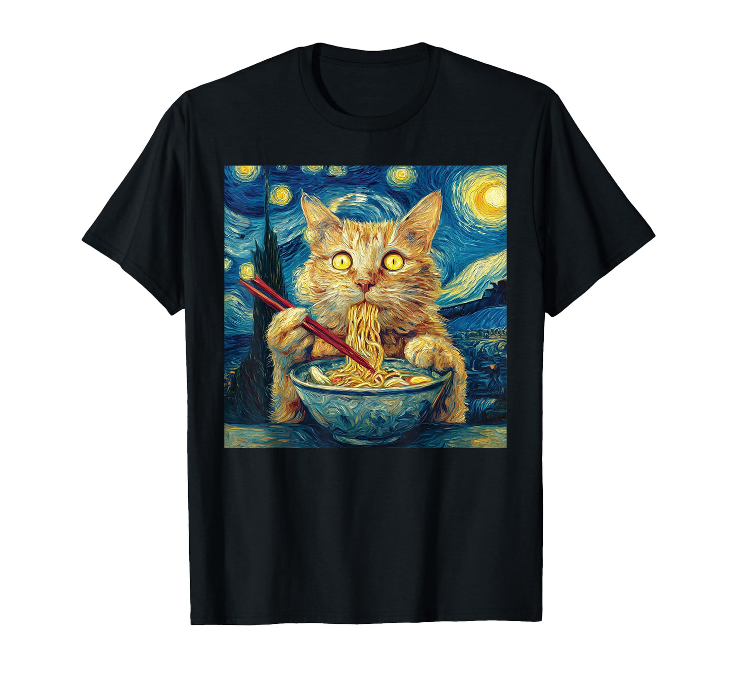 Cat Eating Ramen - Under Starry Sky Funny Noodle Cat Art T-Shirt