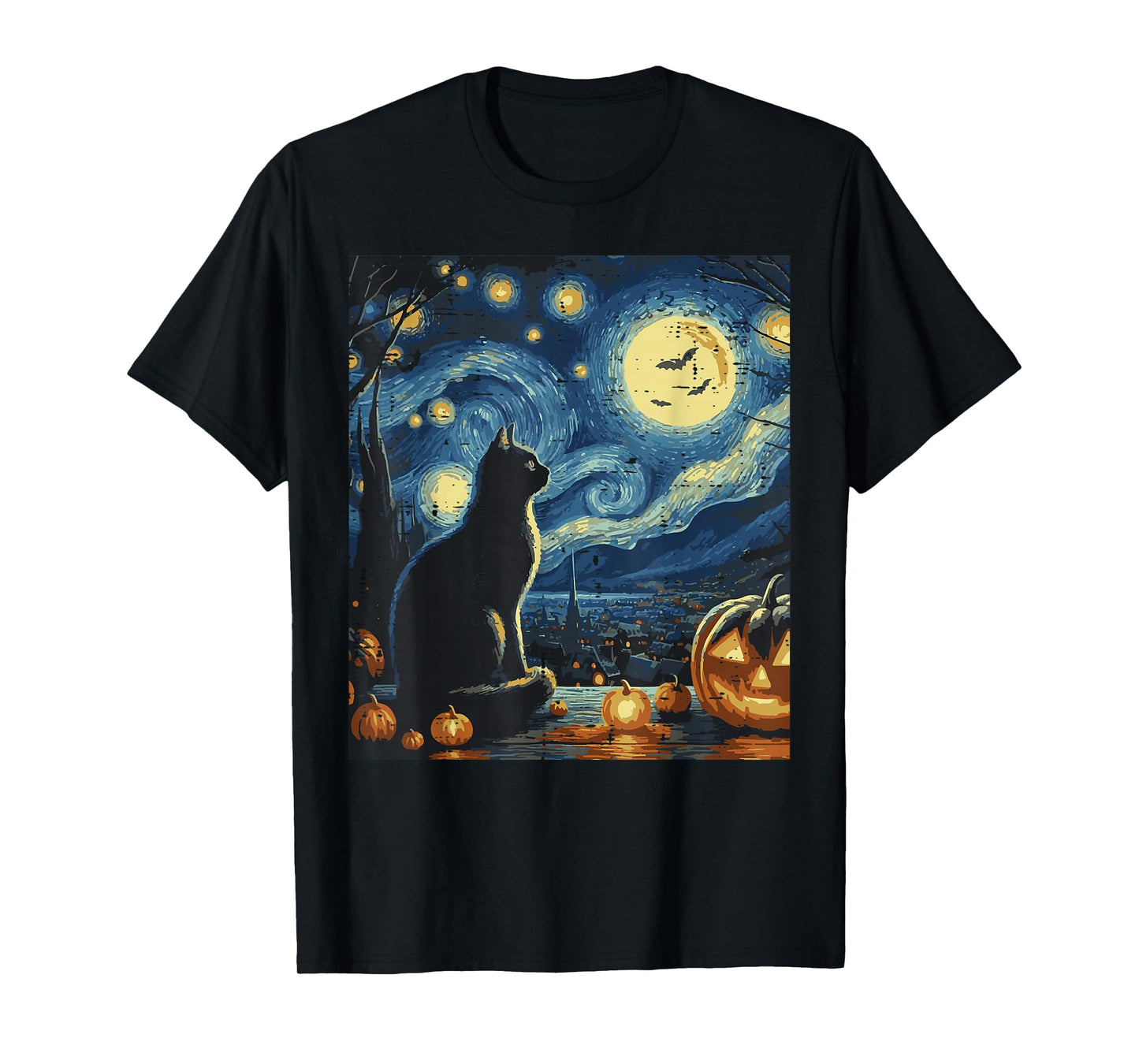 Halloween Cat Starry Night Funny Costume Art Women Men Kids T-Shirt