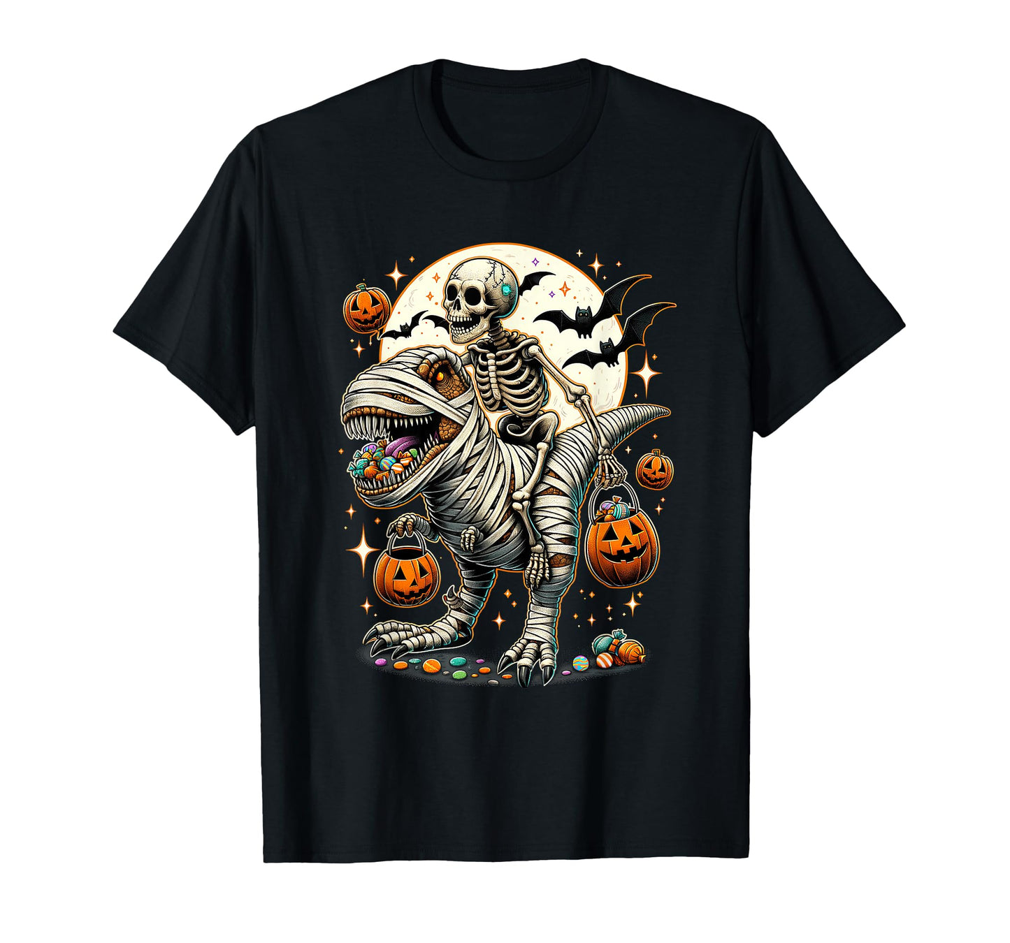 Skeleton Riding Mummy Dinosaur T Rex Kids Boys Men Halloween T-Shirt