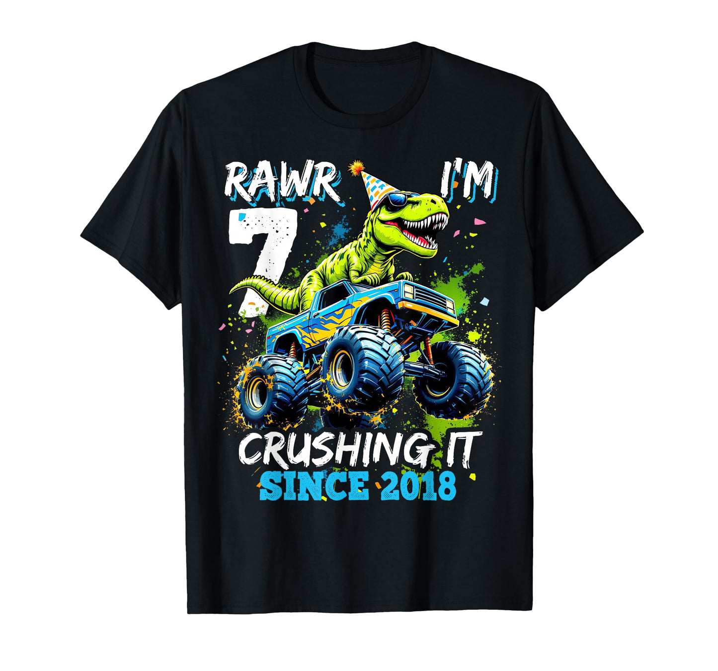 7th Birthday Monster Truck Dinosaur Party Boys Rawr I'm 7 T-Shirt