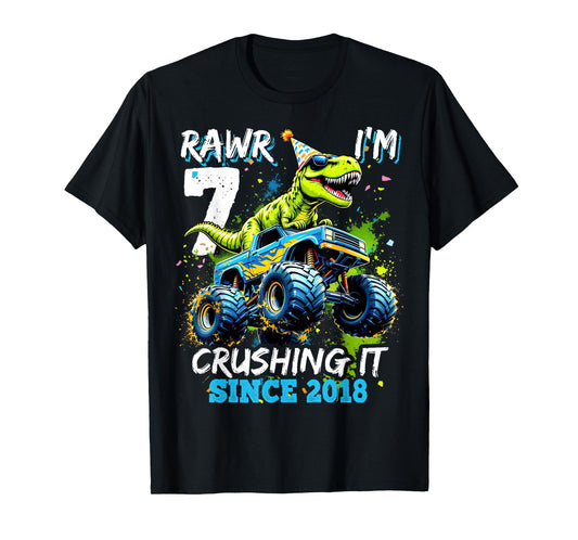 7th Birthday Monster Truck Dinosaur Party Boys Rawr I'm 7 T-Shirt